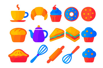 Bakery & Coffee Icons. Modern gradient icons of bakery and coffee shop essentials: coffee cup, croissant, cupcake, donut, loaf of
