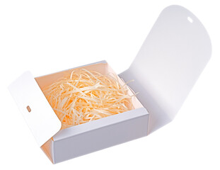An open white box with a paper lining to protect the product being transported.