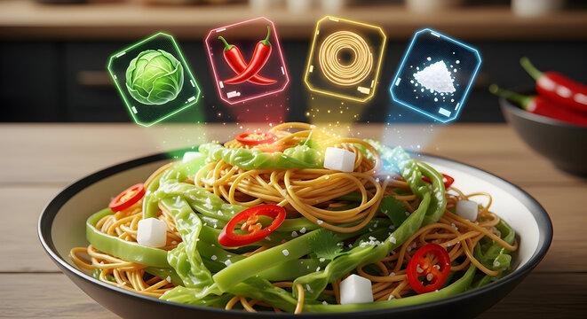 Augmented reality food icons hovering above a noodle dish