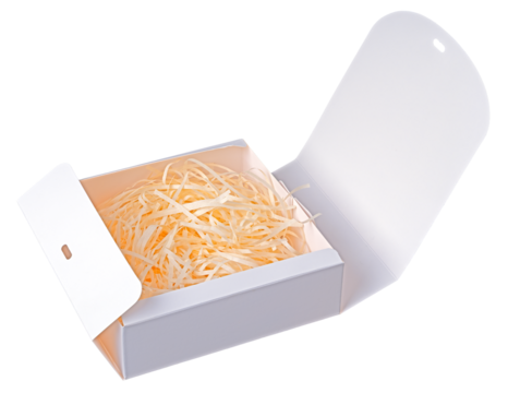 An open white box with a paper lining to protect the product being transported.