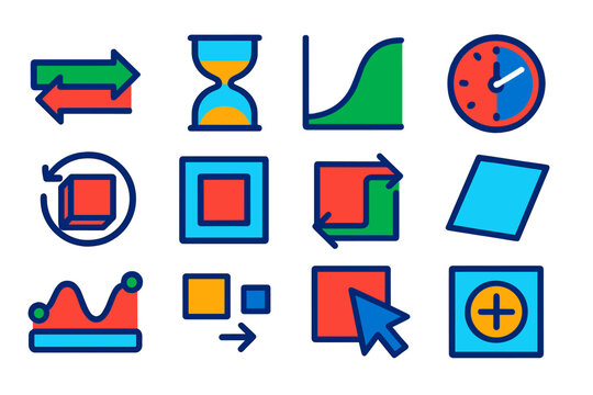 CSS Transition Icons. Flat vector icons of CSS Transitions and Transforms: transition property, duration icon, easing curve, delay