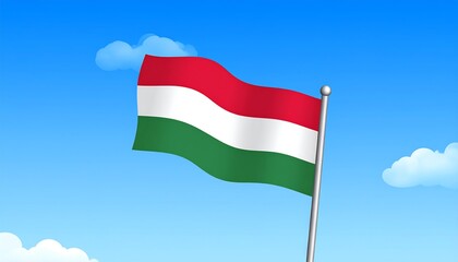 Obraz premium A digitally rendered illustration shows the hungarian flag waving proudly against a vibrant blue sky dotted with fluffy white clouds.