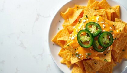 Crispy golden corn tortilla chips form base. Warm melted yellow cheddar cheese sauce flows over. Fresh green jalapeno slices, white cotija cheese crumbles add spicy flavor. Vibrant Mexican appetizer,