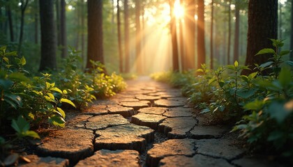 Vibrant golden sun rays pierce tall forest trees, creating bright warm glow. Natural pathway of cracked dry ground runs through woodland. Green plants grow near trail. Scene shows ecosystem