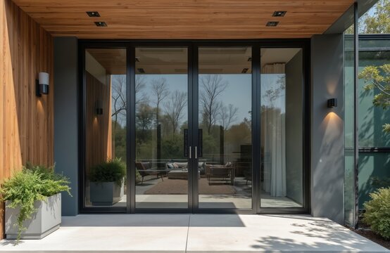 Modern glass doors lead into a stylish home interior with outdoor furniture visible. The facade uses wood and stone for a contemporary look. Plants adds natural touch.