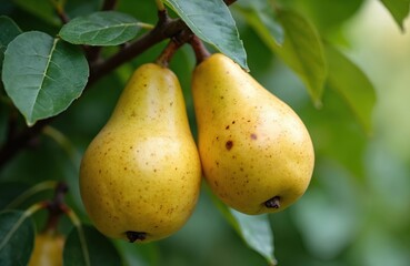 Close up of ripe nashi pears hanging on tree branch with green leaves. Juicy yellow fruit harvest against blurred background. Healthy organic food production.