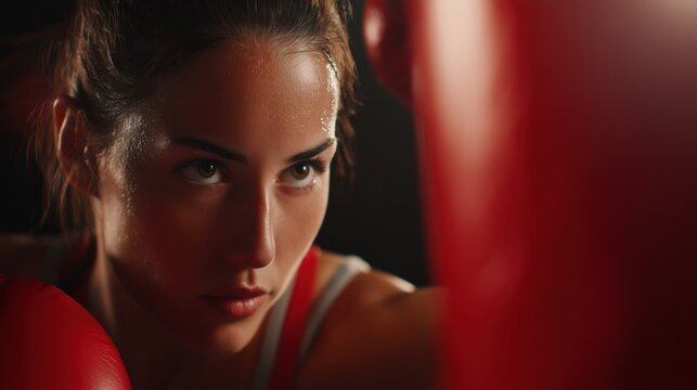 Female athlete in boxing gloves throwing a punch during training in a gym