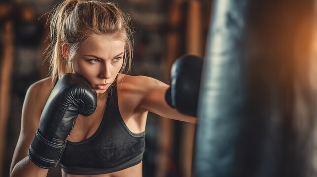Female boxer training with punching bag in gym - Powered by Adobe