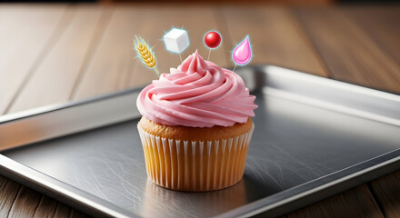 A single vanilla cupcake with swirling pink frosting topped with various candy ingredients on a metal tray