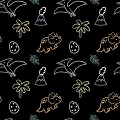 Cartoon dinosaur stegosaurus brontosaurus pterodactyl volcano seamless children pattern illustration © Halyna Petrenko