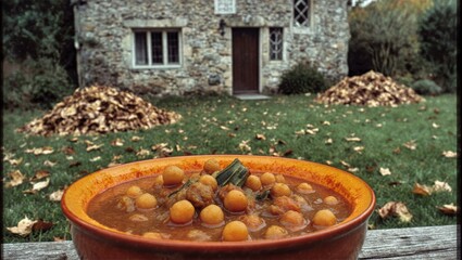 Hearty Bean Stew In Orange Bowl On Wooden Rail, Stone Cottage Yard And Leaf Piles Rustic Autumn...