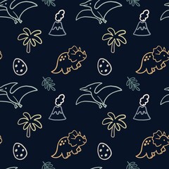 Cute dinosaurs with volcano planets stars and palm seamless kids pattern on dark background © Halyna Petrenko