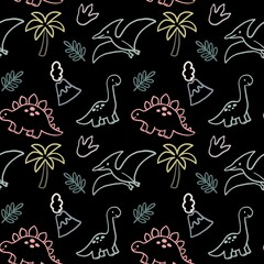 Cute dinosaurs with volcano planets stars and palm seamless kids pattern on dark background © Halyna Petrenko