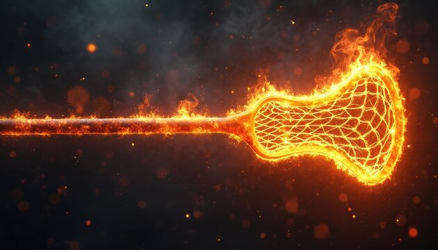 Fiery lacrosse stick burns with intense orange flames against dark smoky background. Hot sport equipment glows with sparks, symbolizing passion and aggressive game action.