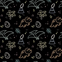 Cute dinosaurs with volcano planets stars and palm seamless kids pattern on dark background © Halyna Petrenko