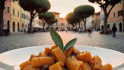 Roasted Squash With Sage Leaves And Olives On Plate, Square Trees And Buildings At Dusk European Piazza Background
