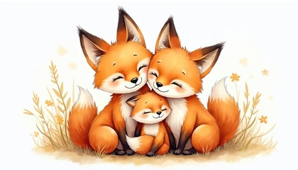 Cute fox family snuggles together on grass. Parent foxes lovingly embrace baby kit. Watercolor illustration shows happy wild animals bonding with affection. Sweet tender peaceful moment in nature art
