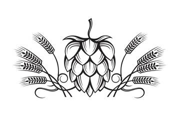 Fototapeta premium black illustration of hop and barley ear for brewing isolated on white background