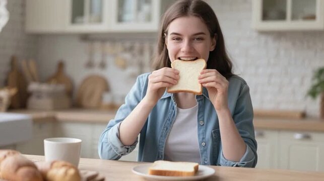 Young woman on gluten free diet is saying no thanks to toast. A woman on a gluten free diet is saying no thanks to toast. Woman refusing to eat white bread - Powered by Adobe