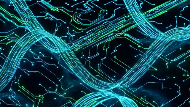 Intricate glowing circuit patterns weave through a dark background, highlighting futuristic technology.