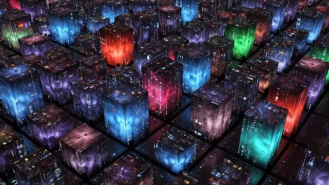 A futuristic city composed of glowing, multifaceted cubes, each with intricate digital patterns, creating an otherworldly scene.