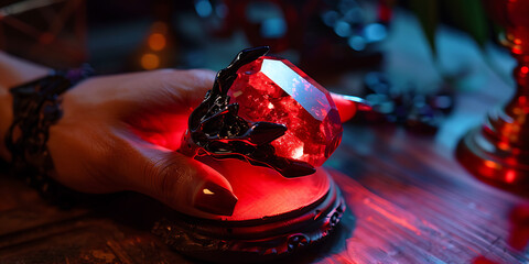 Mysterious hand holding a glowing red crystal with arcane symbols