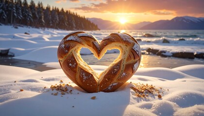 A heart-shaped loaf of bread sits nestled in a winter wonderland, bathed in the warm glow of a beautiful sunset over a tranquil lake.