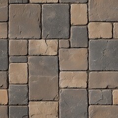 Seamless texture of a cobblestone wall or pavement with rounded edges, in shades of brown, gray, and black. A rustic and warm pattern.