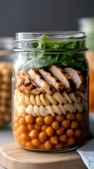 Layered Salad in a Jar: Chickpeas, pasta, grilled chicken and fresh greens create a healthy and convenient meal. Perfect for a quick lunch!
