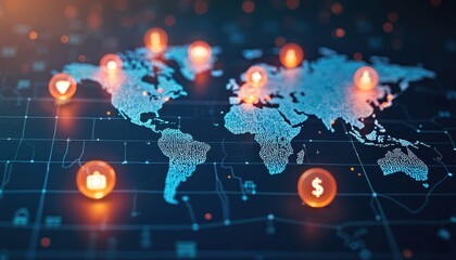 Digital world map shows glowing icons for travel, health, and finance connections. Global network illustrates interconnected systems for insurance and commerce.