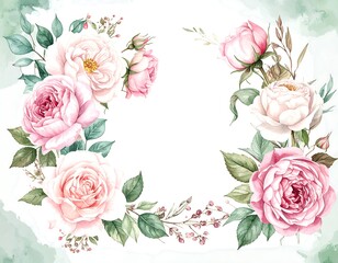 Floral wreath with pastel roses and leaves.  Watercolor style