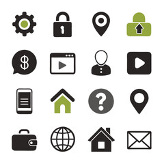 Collection of black and green general icon symbols
