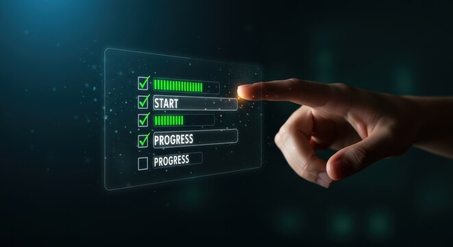Digital interface displaying a checklist with start, progress, and completion status, with a finger touching the progress bar - Powered by Adobe