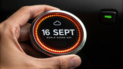 Hand adjusts modern climate control displaying World Ozone Day, highlighting environmental awareness and tech.