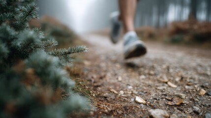 Person is running on a dirt road with pine trees in the background