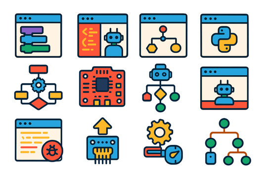 Robot Programming Icons. Flat vector icons of robot programming: block coding interface, C++ robot code, ROS system, Python