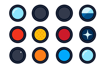 Colorful Lens Filter Icons. Flat vector icons of lens filter types: UV filter, circular polarizer, neutral density filter,
