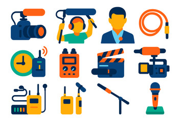 Vibrant Microphone Icons. Flat vector icons of microphones for video production: shotgun mic on camera, boom mic operator, lav mic