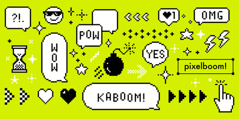 White pixel game speech bubbles with text Pow, Wow, Omg, Kaboom, Yes on green bg. Retro messaging vector elements, bomb icon, stars, hearts, smile cool sunglasses for arcade nostalgic digital design