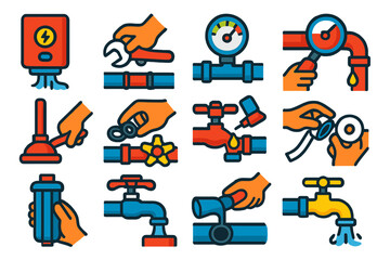 Plumbing Maintenance Icons. Flat vector icons of plumbing maintenance: flushing water heater, tightening fittings, checking