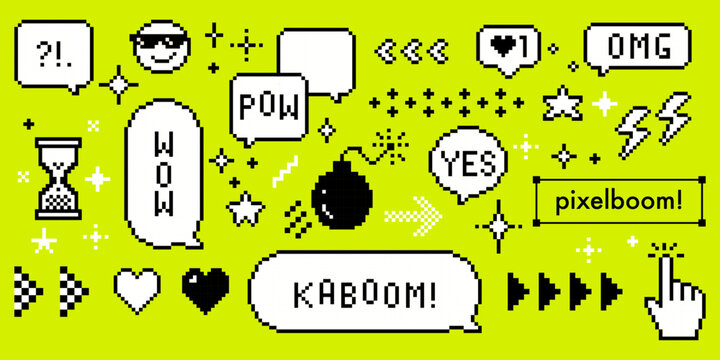 White pixel game speech bubbles with text Pow, Wow, Omg, Kaboom, Yes on green bg. Retro messaging vector elements, bomb icon, stars, hearts, smile cool sunglasses for arcade nostalgic digital design