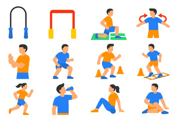 Tennis Fitness Icons. Flat vector icons of tennis warm-up and fitness: jump rope, resistance band, court lunges, shoulder rotation