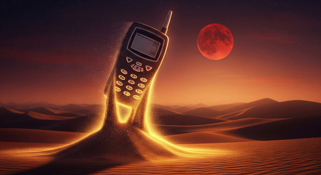 Surreal vintage mobile phone made of golden sand rising from desert dunes under red moonlight in ultra realistic night scene