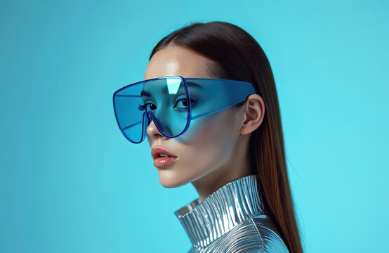 Stylish portrait presents asian woman wearing blue oversized glasses. Model poses in silver metallic jacket on cyan background. Fashionable concept embodies trend, innovation, future tech, modern