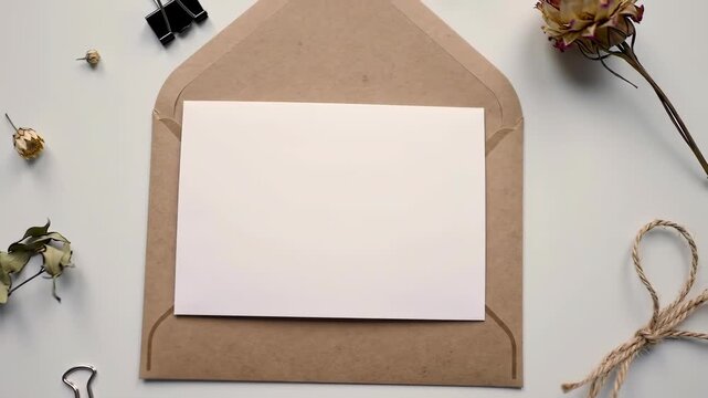 Stop Motion Animation of a Rustic Stationery Mockup with Blank Card, Envelope, and Dried Flowers.