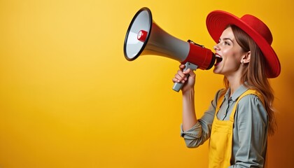 Young woman in bright red hat holds a megaphone, announcing loudly against a vibrant yellow background. Her energetic expression conveys excitement and calls for attention for promotions or events.