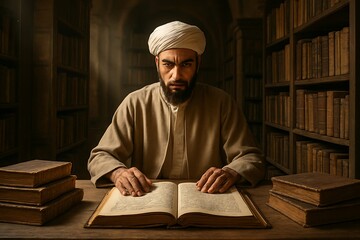 Visionary Scholar Inspiring Wisdom and Knowledge from Ancient Texts, Ideal for Education, History and Cultural Heritage Marketing