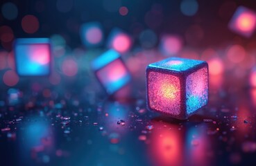 Glowing neon cubes float in dark space with bokeh lights. Colorful digital art abstract background. Modern 3D geometric shapes, vibrant colors, dynamic composition. Futuristic wallpaper, technology,