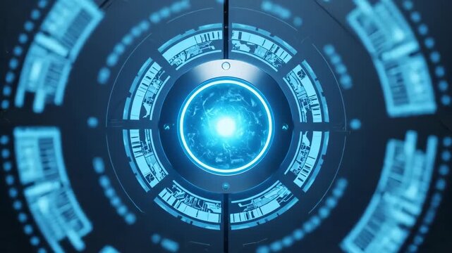 Technological Core: A futuristic design, showcasing a glowing blue core surrounded by intricate circuit patterns and advanced technological elements. Emphasizing innovation and digital technology.