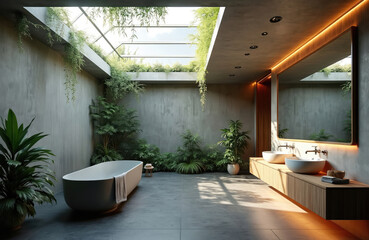 Modern bathroom with bathtub, dual sinks features concrete walls, large skylight, abundant indoor plants. Natural light fills tranquil spa-like space, creating serene atmosphere for relaxation,